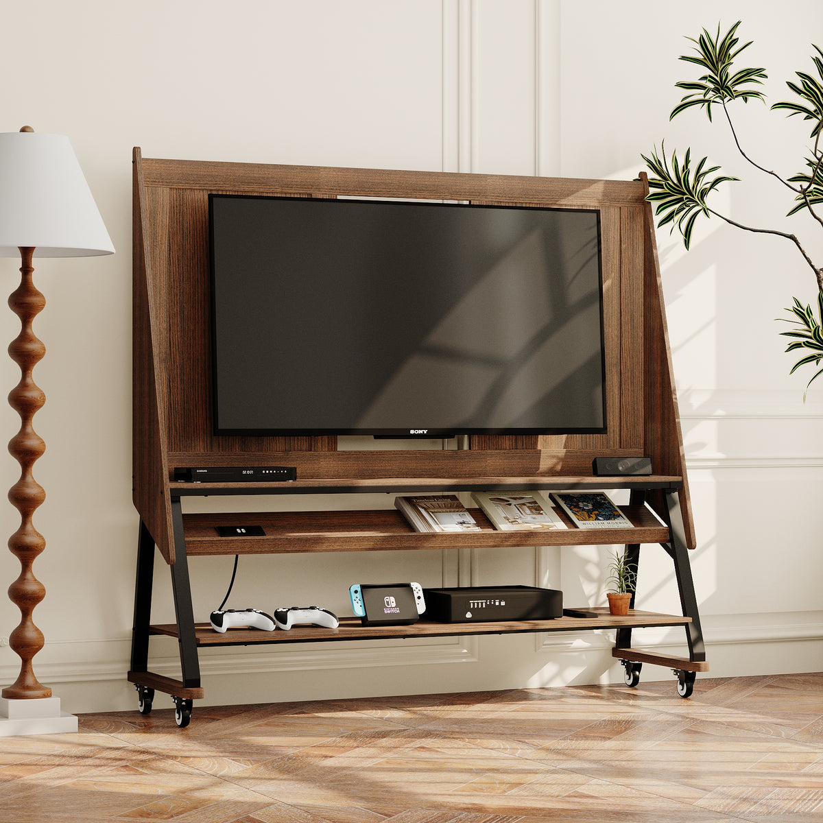 Brown TV stand with open shelves, black metal frame, and caster wheels