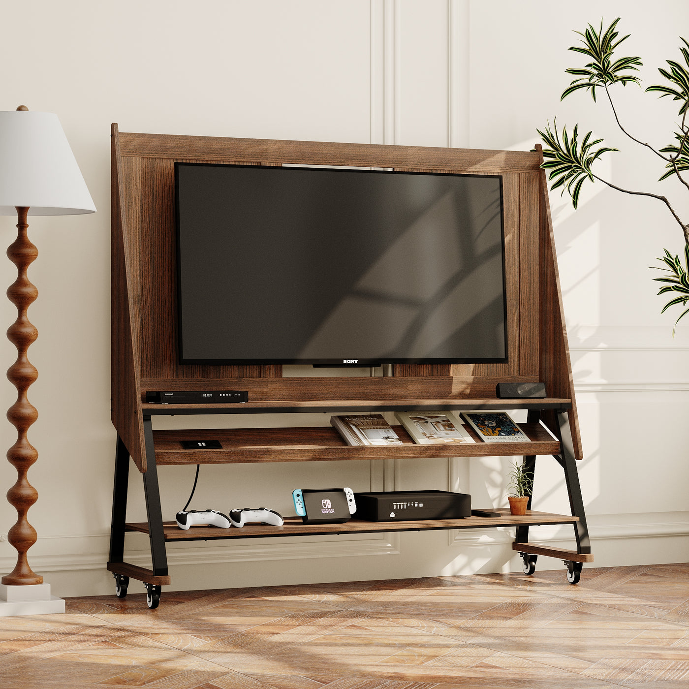 Brown TV stand with open shelves, black metal frame, and caster wheels
