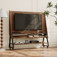 Brown TV stand with open shelves, black metal frame, and caster wheels