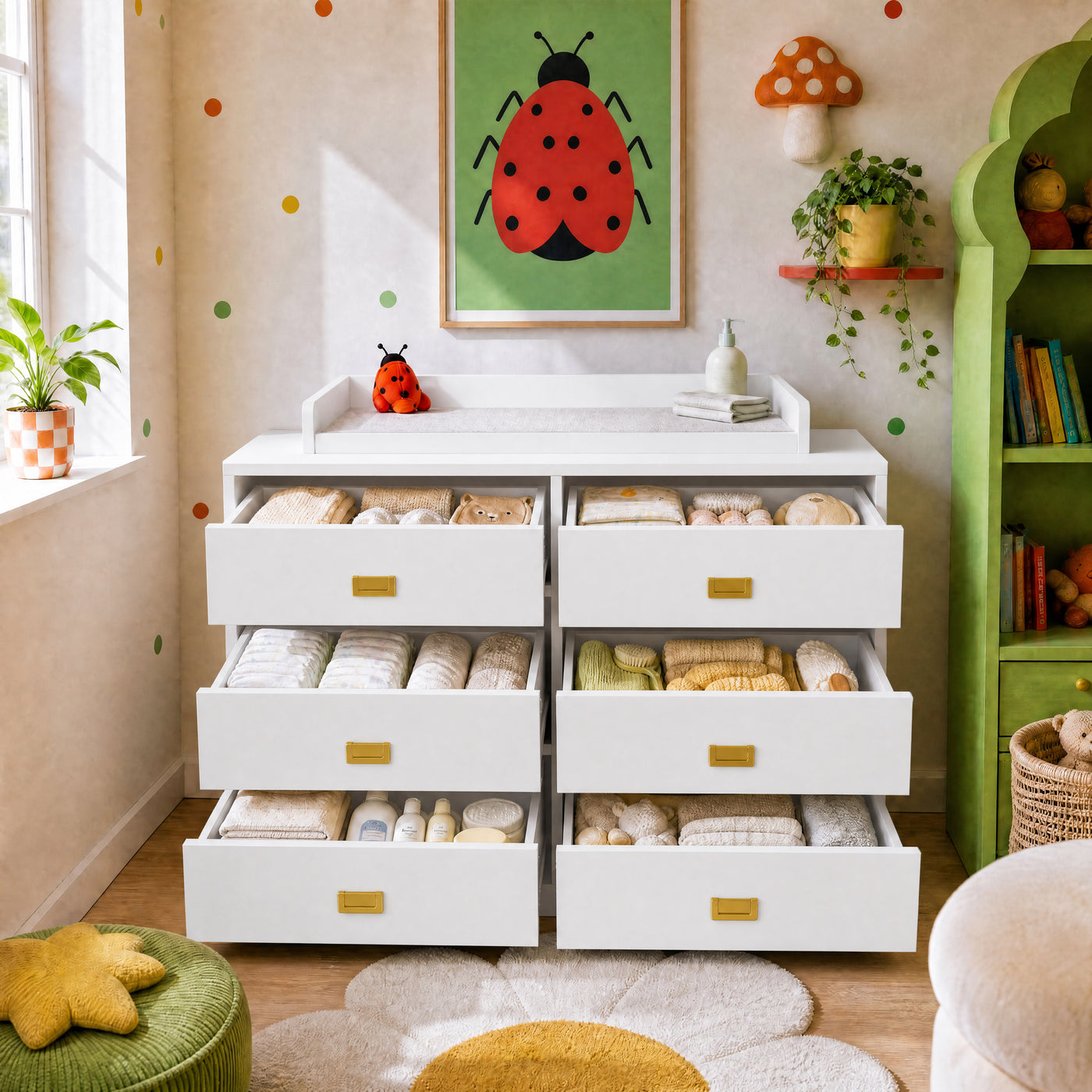 45.1" Modern White/Gray Changing Table Nursery Dresser with 6 Drawers