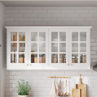 63.4" Modern White Wall Mounted Kitchen Cabinet with 4 Glass Doors