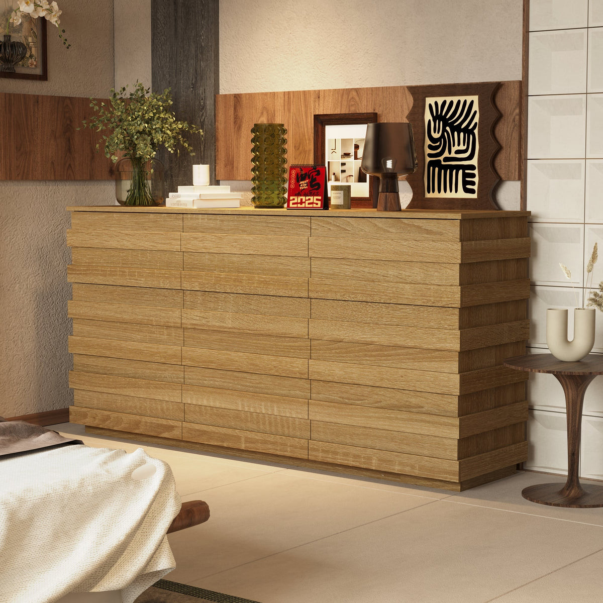 63 inches Modern Oak 9-Drawer Dresser Storage Cabinet