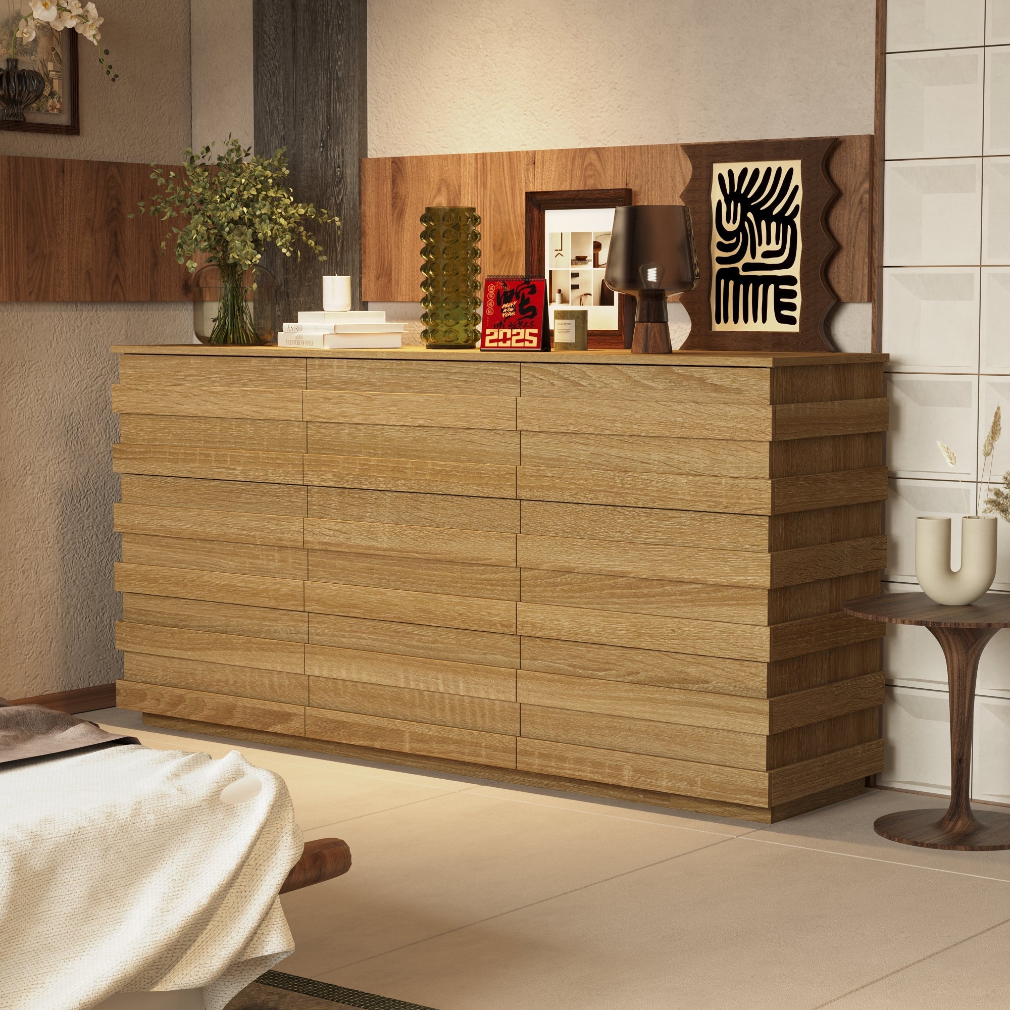 9 - Drawer Dresser Storage Cabinet: Light Wood Finish with a Modern Linear Design for Ample Storage