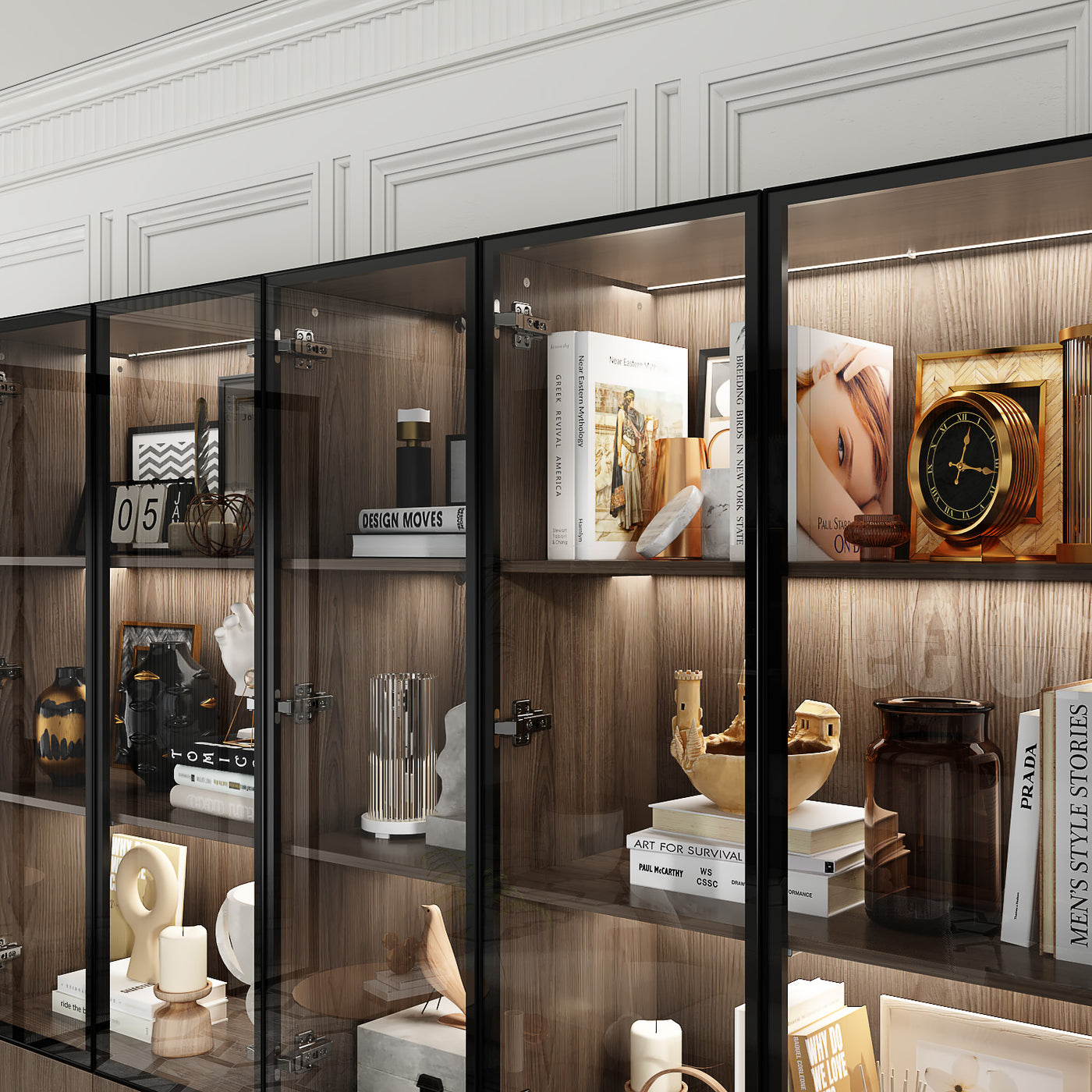 Geyma 110.2" Modern Glass Doors Display Case with LED Lights and Drawers