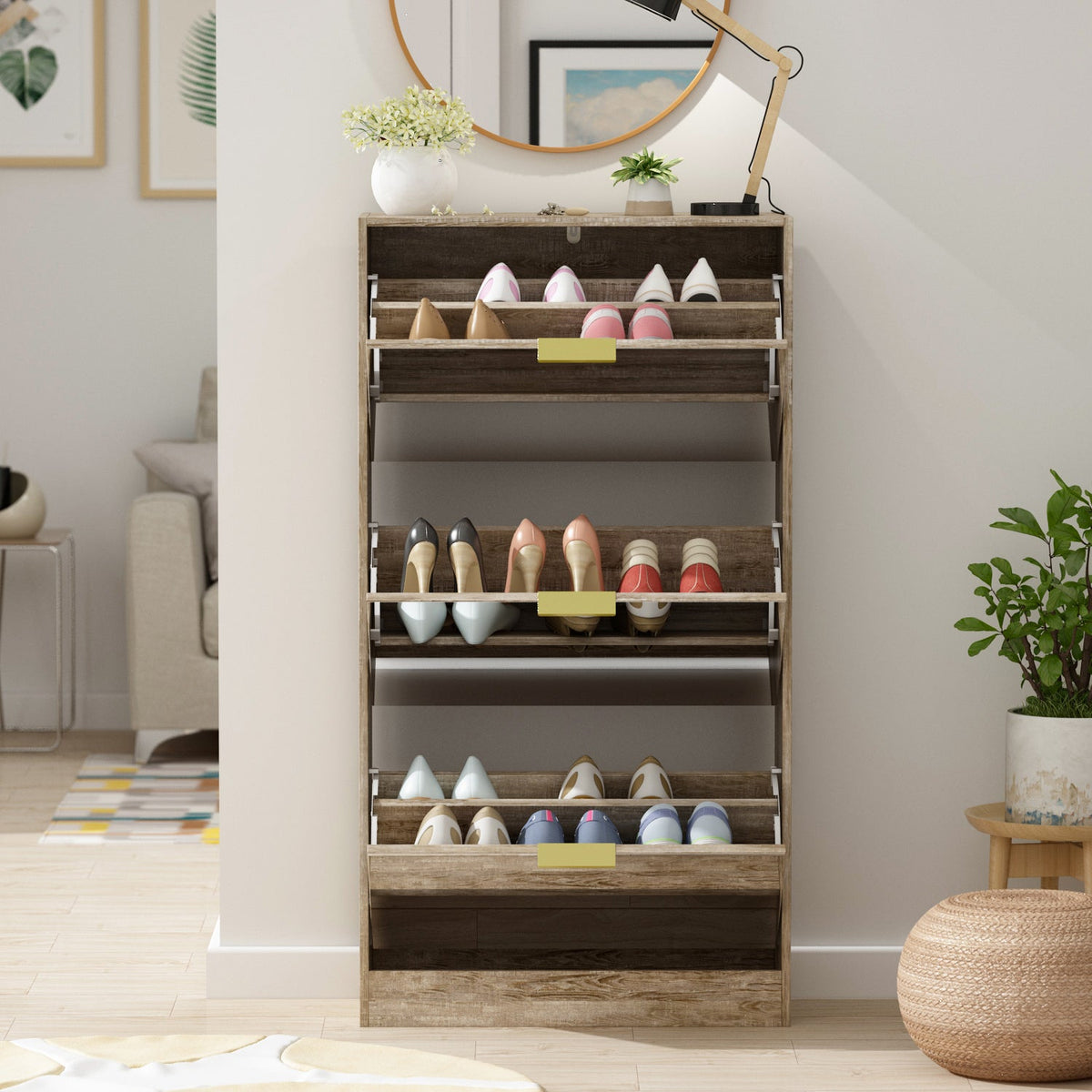 Entryway Shoe Storage Cabinet with 3 Flip Drawers Wood Shoe Cabinet Shoe Organizer with Mirrored Front