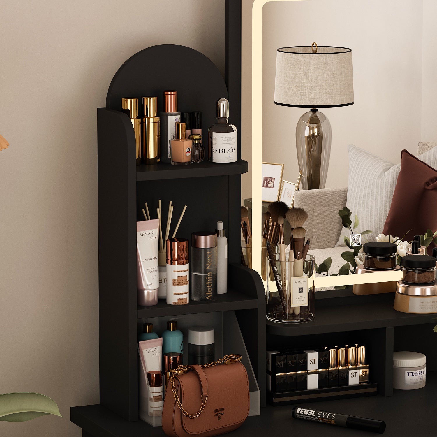 Modern Vanity Desk With LED Mirror, 5 Drawers, Shelves And Matching Stool, Makeup Dressing Table