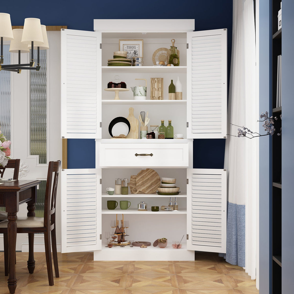 30" Modern Minimalist White Tall Storage Cabinet with 6-Tier Adjustable Shelves, Drawers and Shutter Door