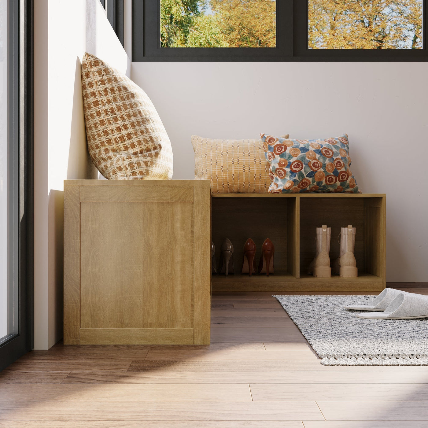 63" Modern Oak Corner Wooden Bench with Storage Compartments