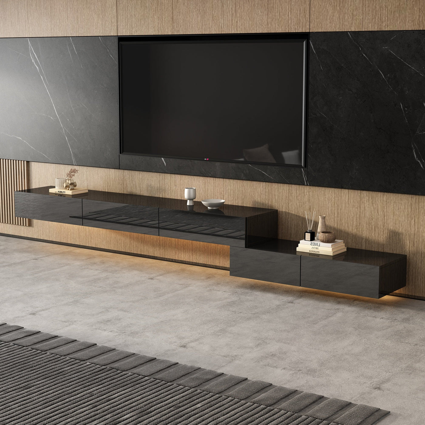 94.5" Modern Minimalist Black TV Stand Wall-Mounted And Freely Arranged TV Stand With LED