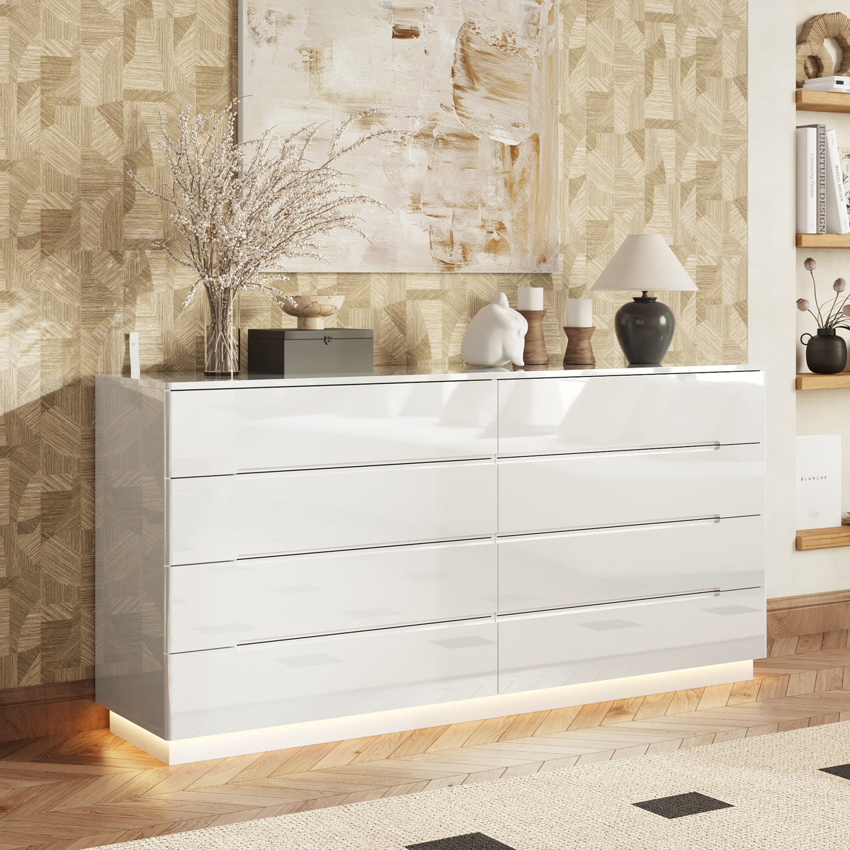 63" Modern White/Black 8 Drawer Double Dresser with High Gloss Drawers, Dual Chest Light