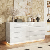 63" Modern White/Black 8 Drawer Double Dresser with High Gloss Drawers, Dual Chest Light