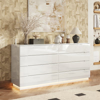 63" Modern White/Black 8 Drawer Double Dresser with High Gloss Drawers, Dual Chest Light