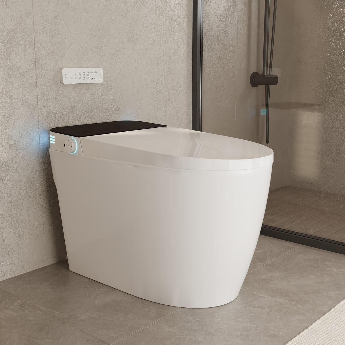 White smart toilet with open lid, built-in bidet, and ambient night light