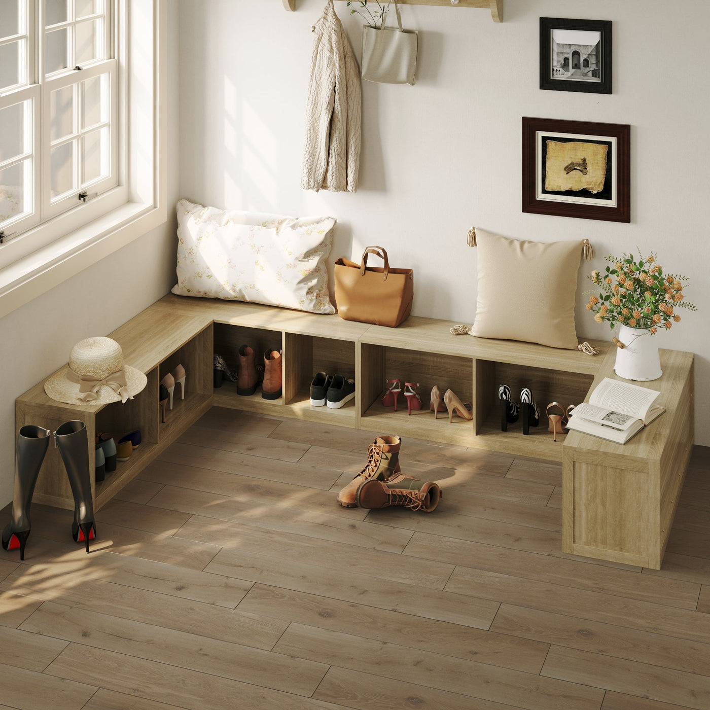 63" Modern Oak Corner Wooden Bench with Storage Compartments