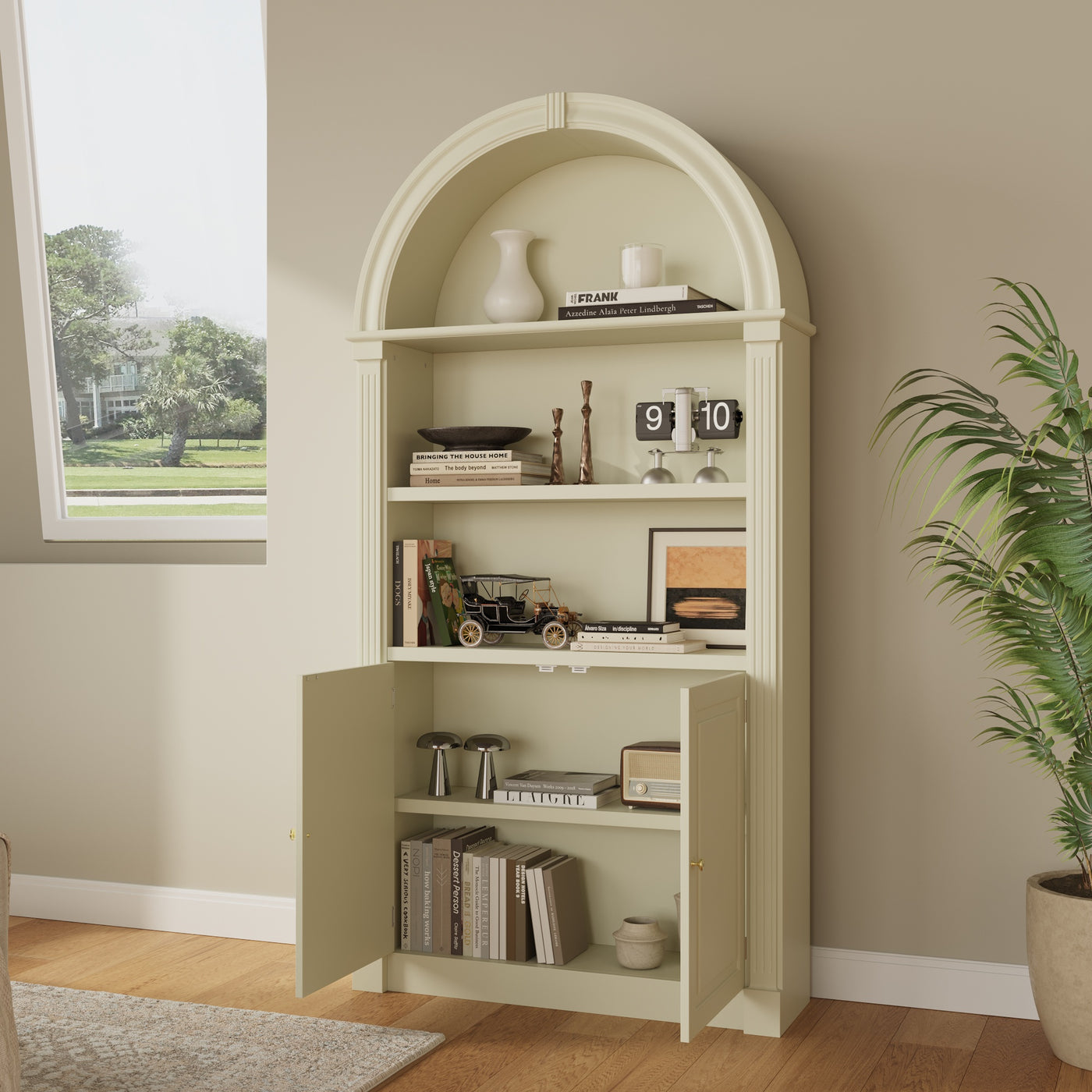 71" Mid-Century Milky Yellow Arched Bookcase with 5-Tier Shelves and Cabinet