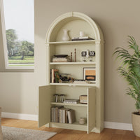 71" Mid-Century Milky Yellow Arched Bookcase with 5-Tier Shelves and Cabinet