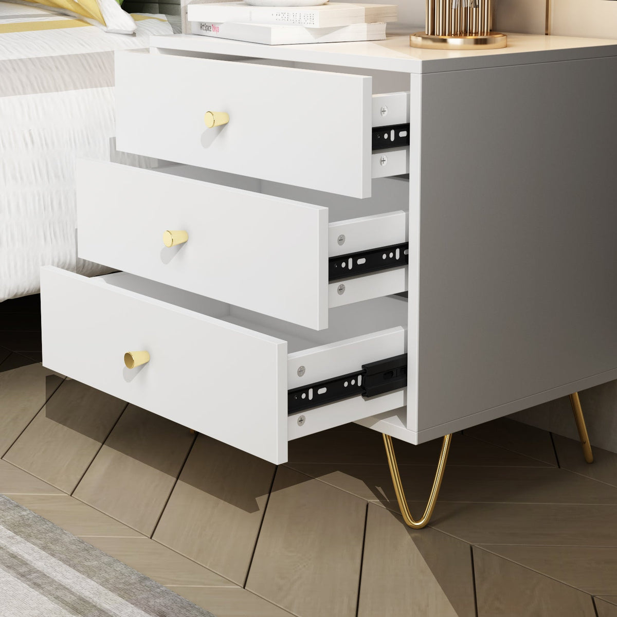 Nightstand Modern Bedside Table with Solid Wood Legs Minimalist and Versatile End Side Table 3 Drawers