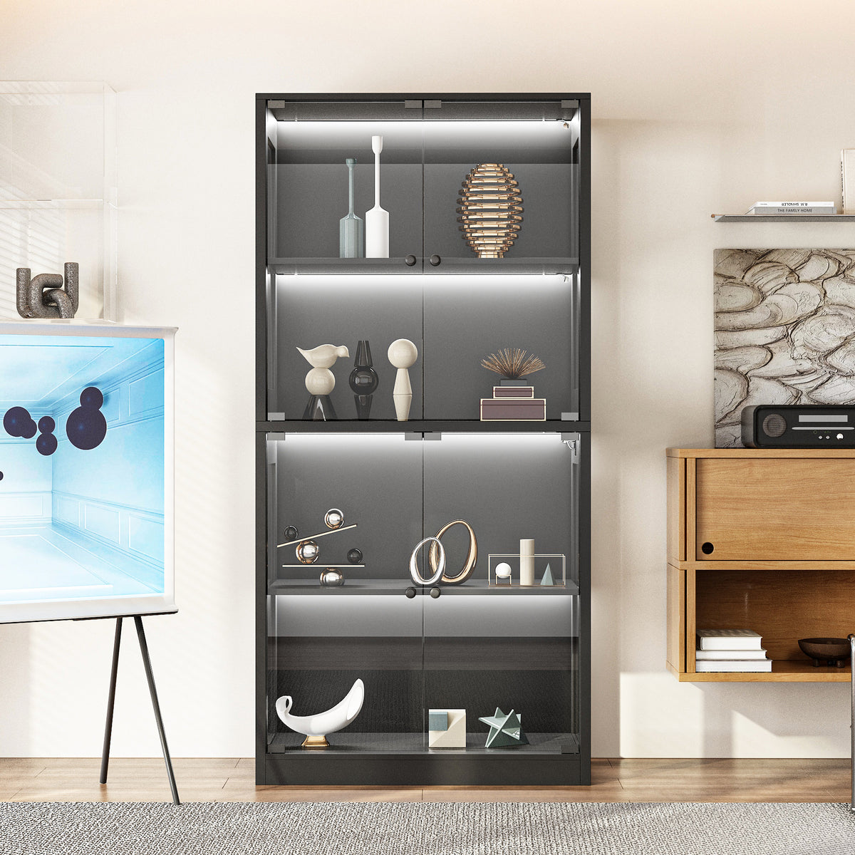 Modern black display cabinet with decorative items in a room setting