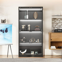 Modern black display cabinet with decorative items in a room setting
