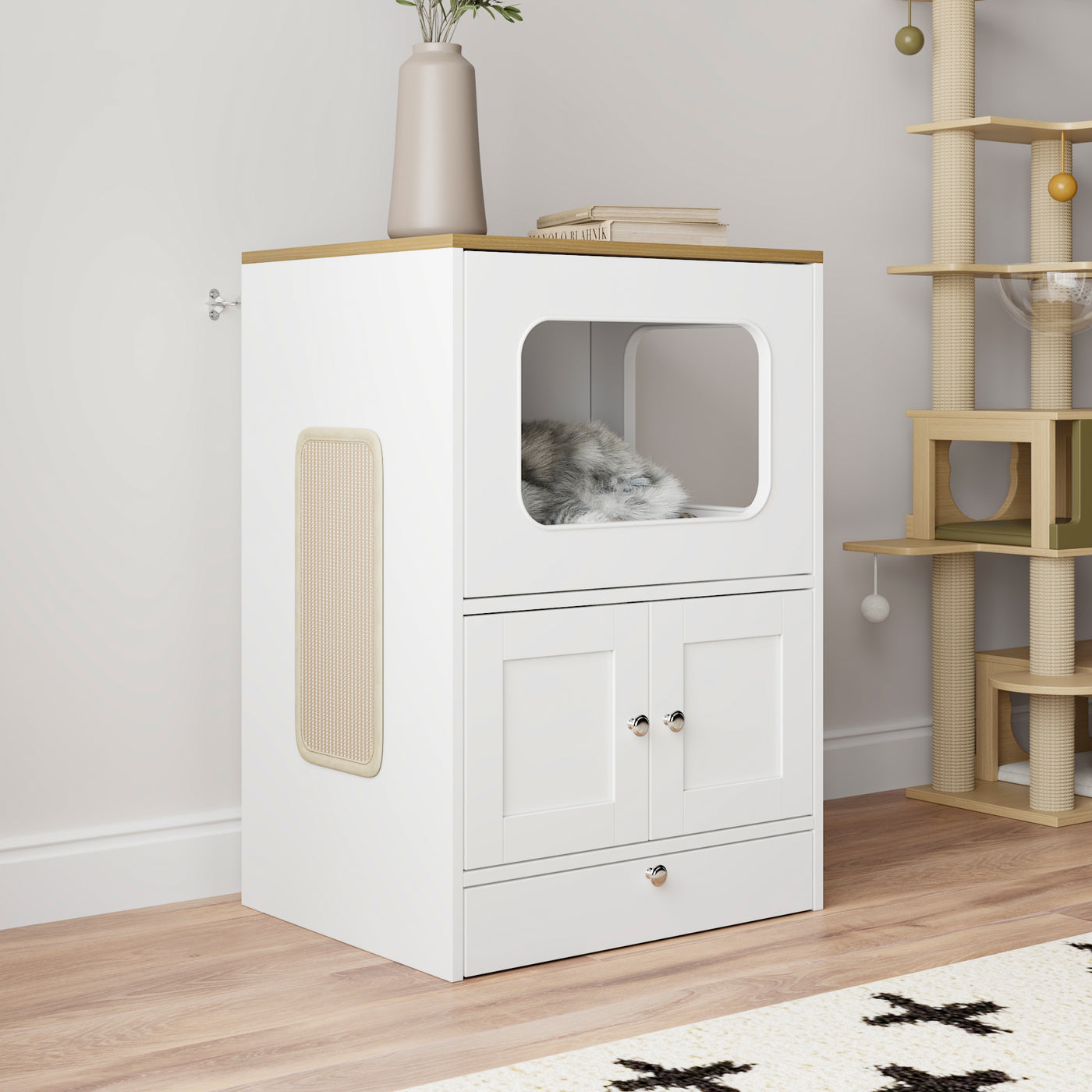 21.7" Modern White Multi-Functional Cat Condo Cabinet with Feeding Station and Storage
