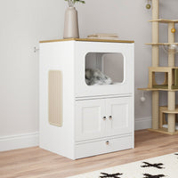 21.7" Modern White Multi-Functional Cat Condo Cabinet with Feeding Station and Storage