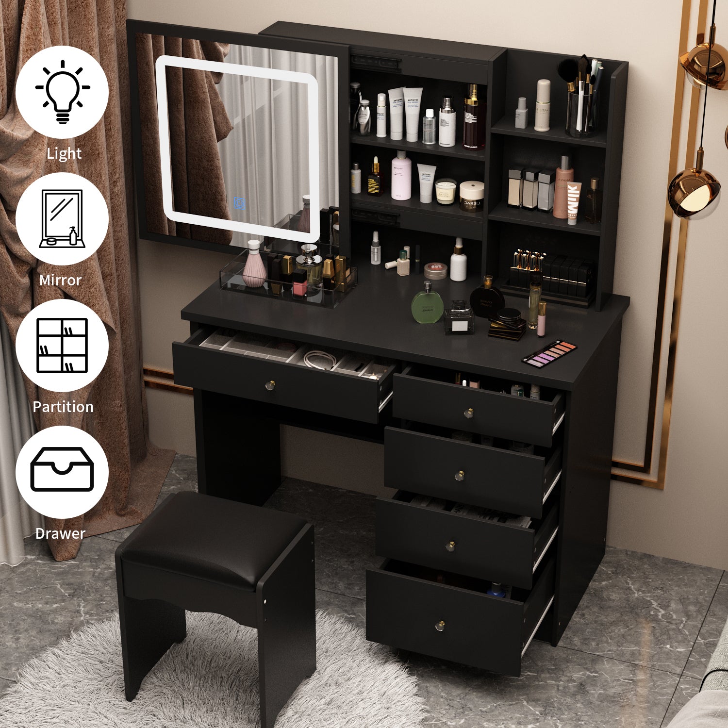 Makeup Vanity Set with Sliding Lighted Mirror, Cushioned Stool, 5 Drawers & Shelves