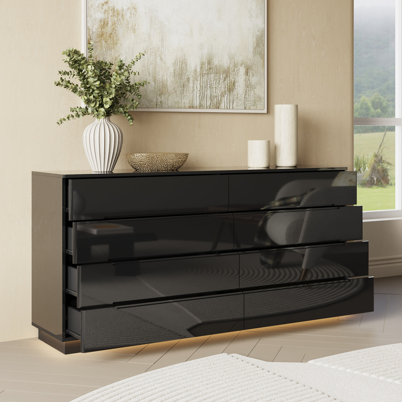 63" Modern White/Black 8 Drawer Double Dresser with High Gloss Drawers, Dual Chest Light