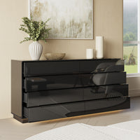 63" Modern White/Black 8 Drawer Double Dresser with High Gloss Drawers, Dual Chest Light
