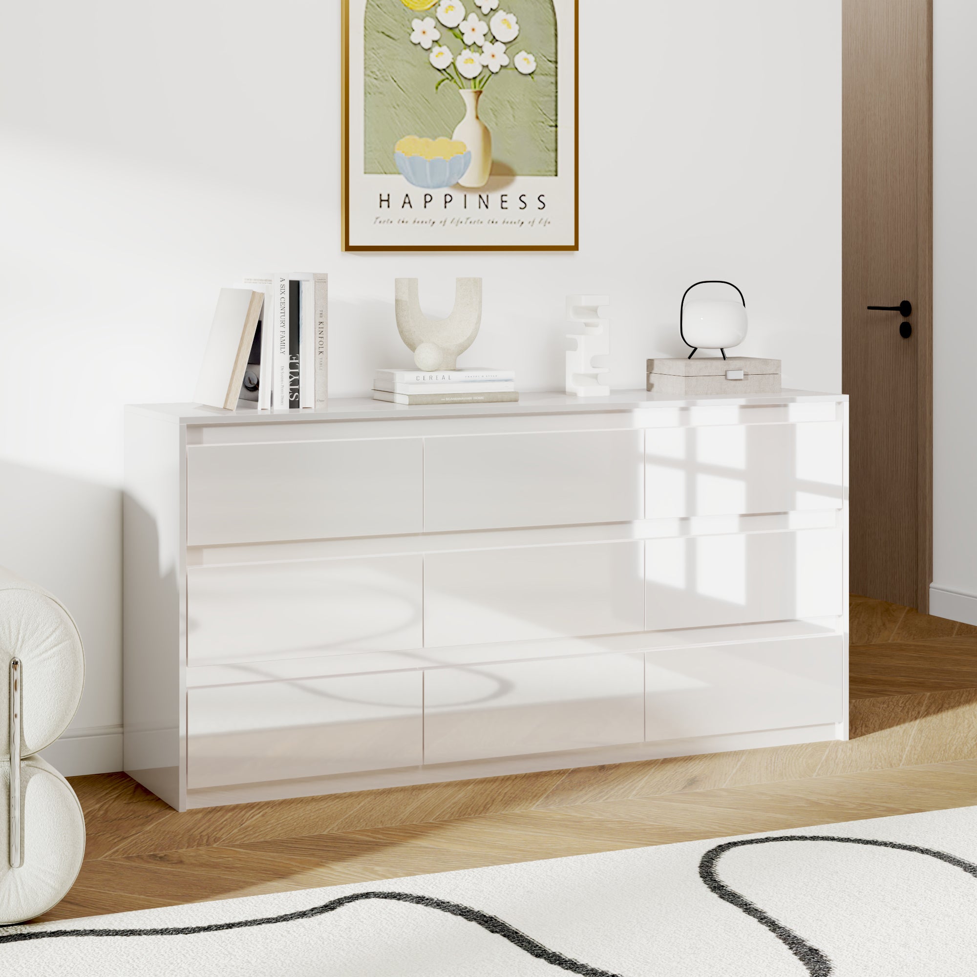 White 9-drawer dresser with minimalist design