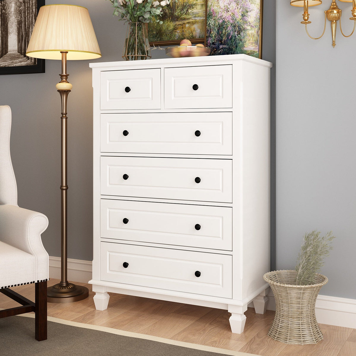 31.5" Modern Minimalist White Wooden 6-Drawer Tall Dresser Chest for Home Storage