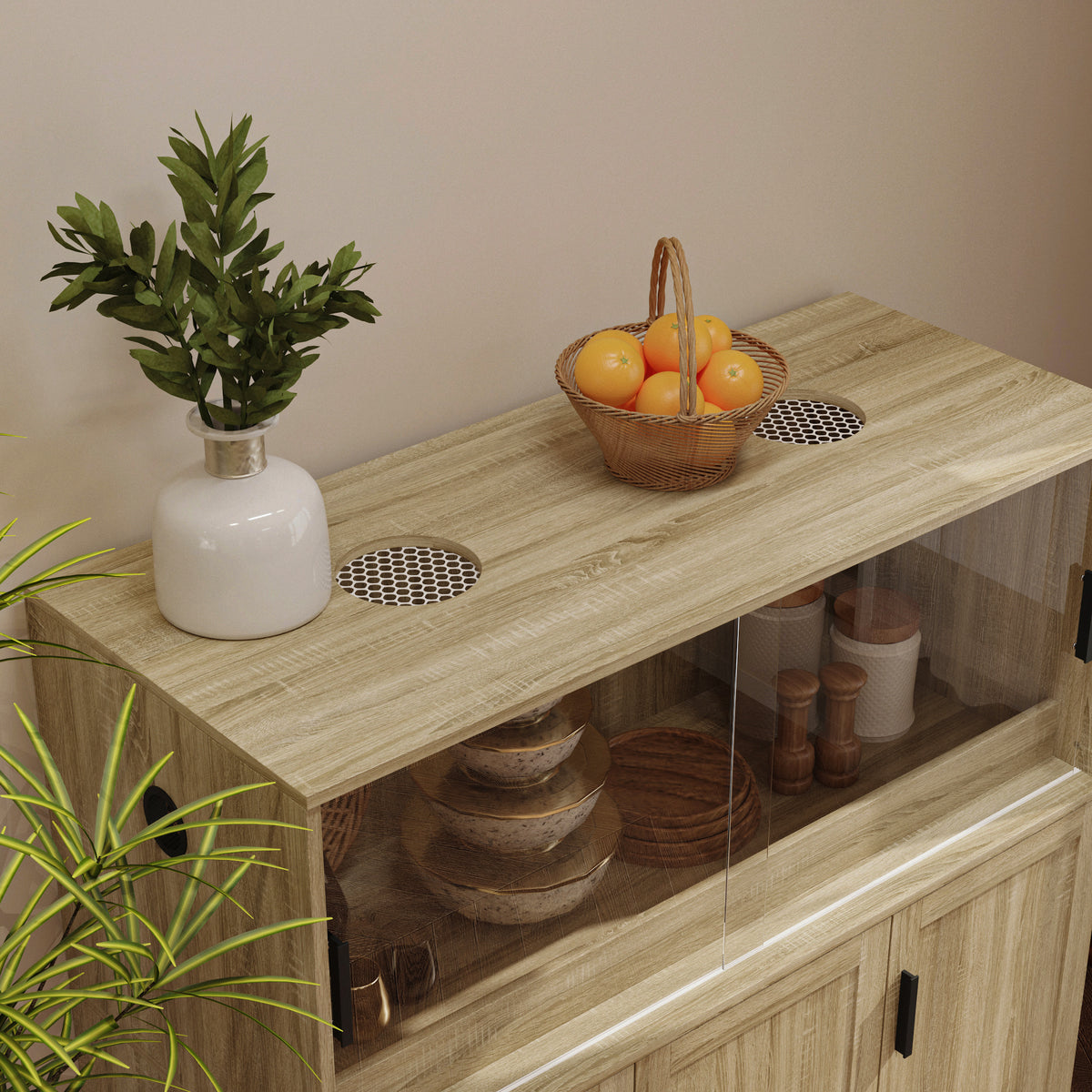 47.2 inch Modern Natural Wood Food Pantry Cabinet with Sliding Glass Doors & Ventilated Design
