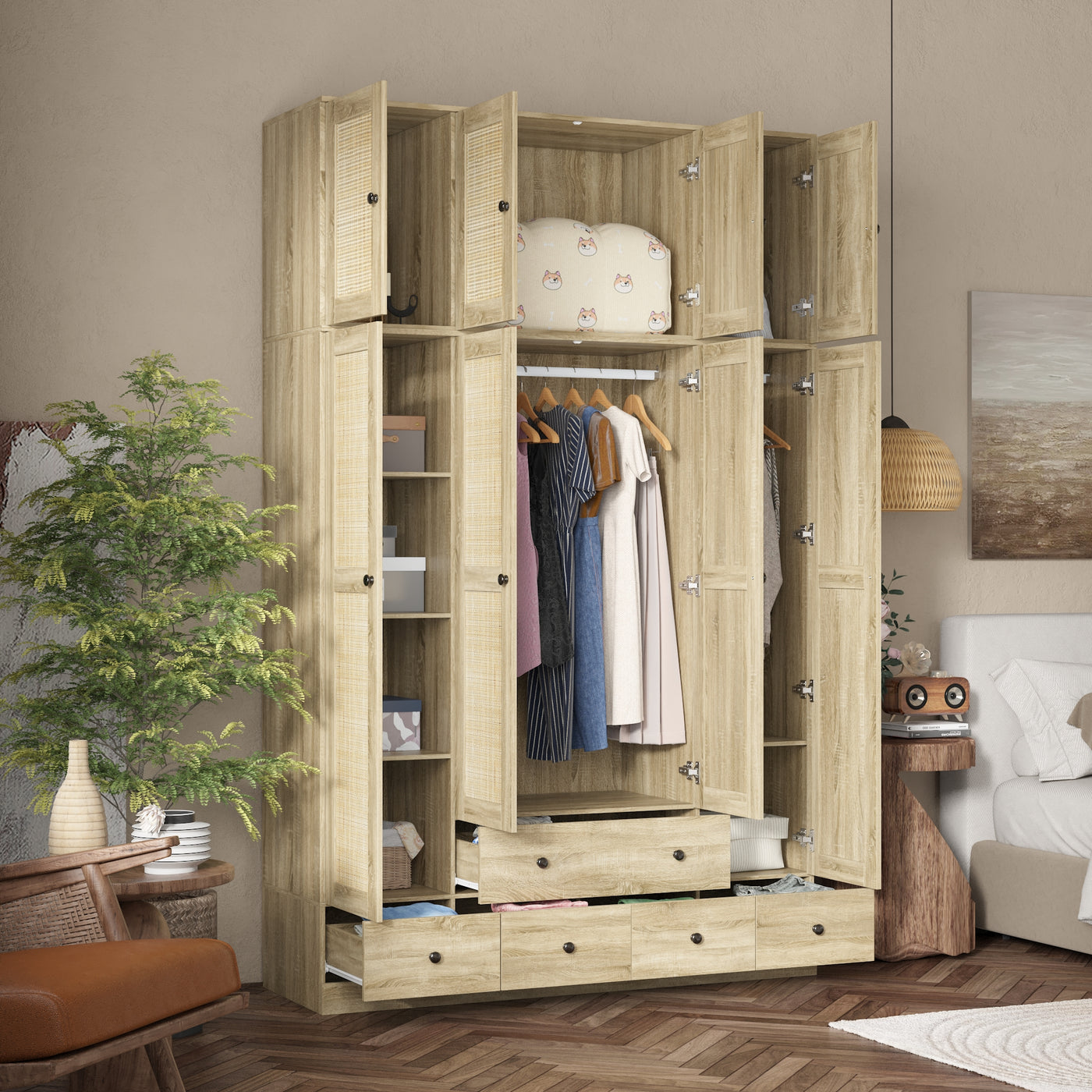 63" Rustic 4-Door Wardrobe Armoire with Rattan Paneling, 6 Drawers & 2 Hanging Rods