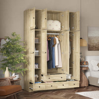 63" Rustic 4-Door Wardrobe Armoire with Rattan Paneling, 6 Drawers & 2 Hanging Rods