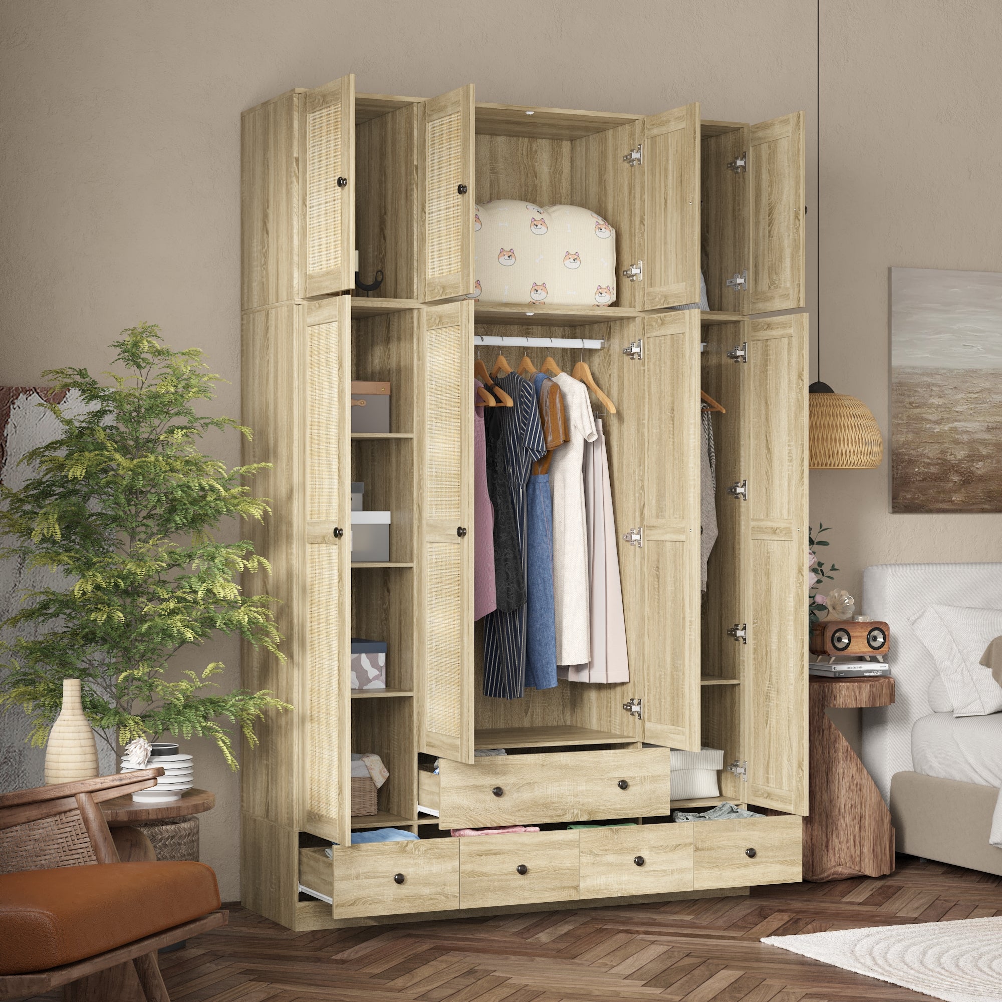 Rustic Four-Door Wardrobe With Rattan Paneling And Six-Drawer Storage