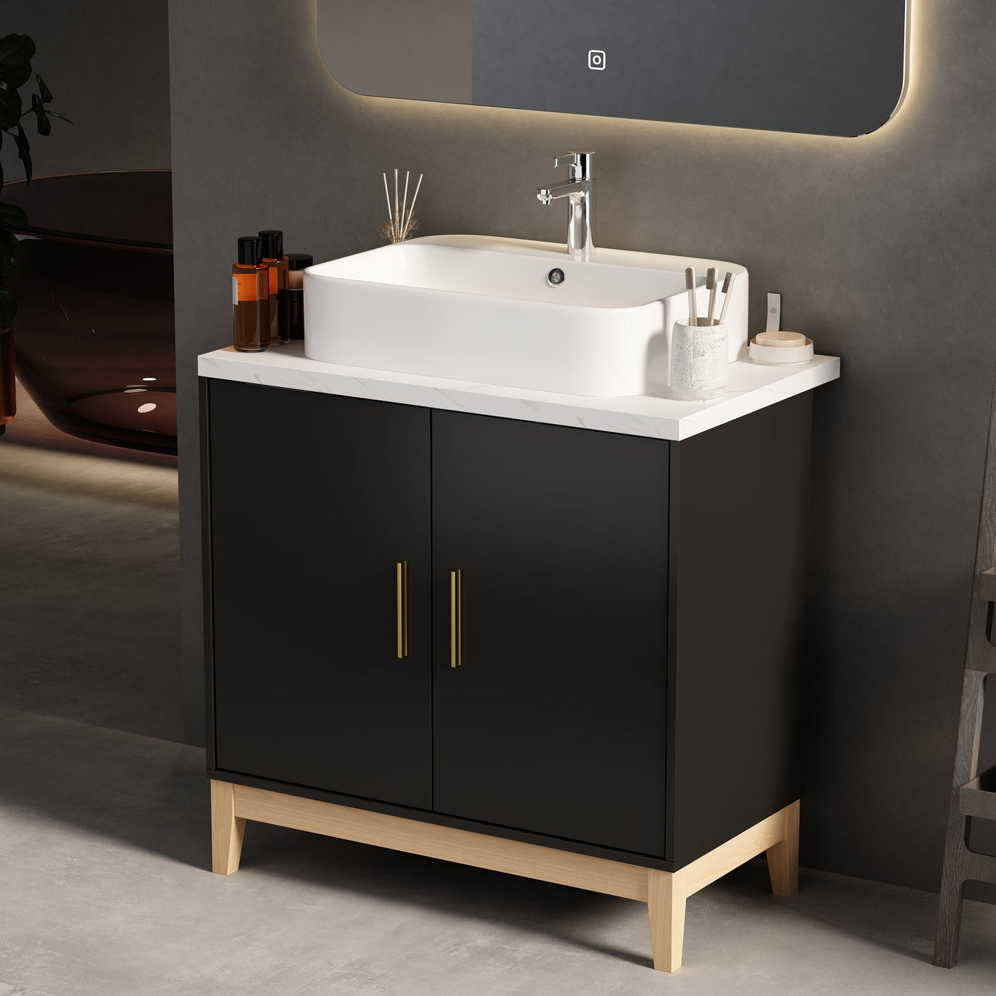 31.6" Modern Black Single Bathroom Vanity With Manufactured Wood Top And Interior Shelves