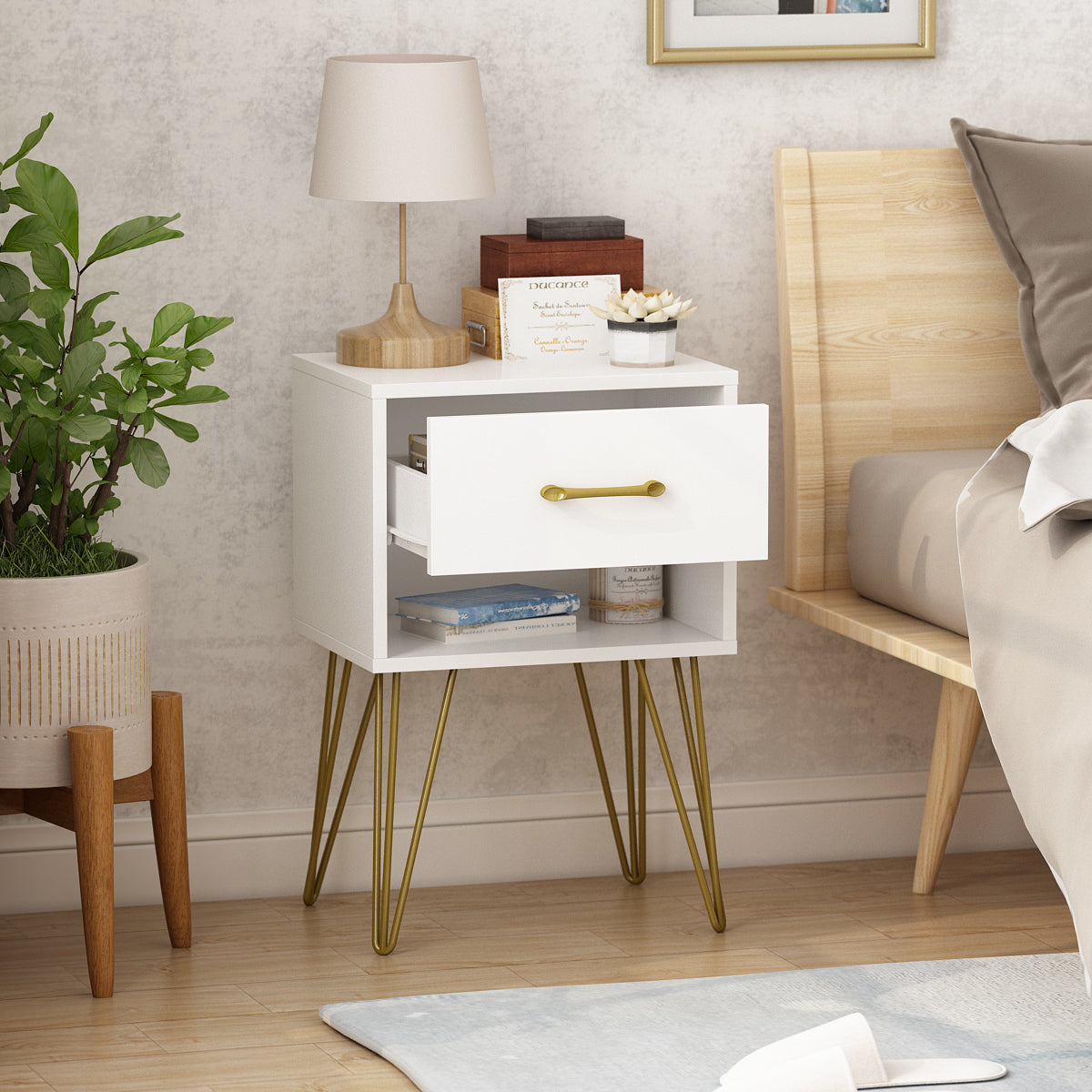 End Table Nightstand Dresser Mini Sofa Side Table with Gold Legs for Bedroom