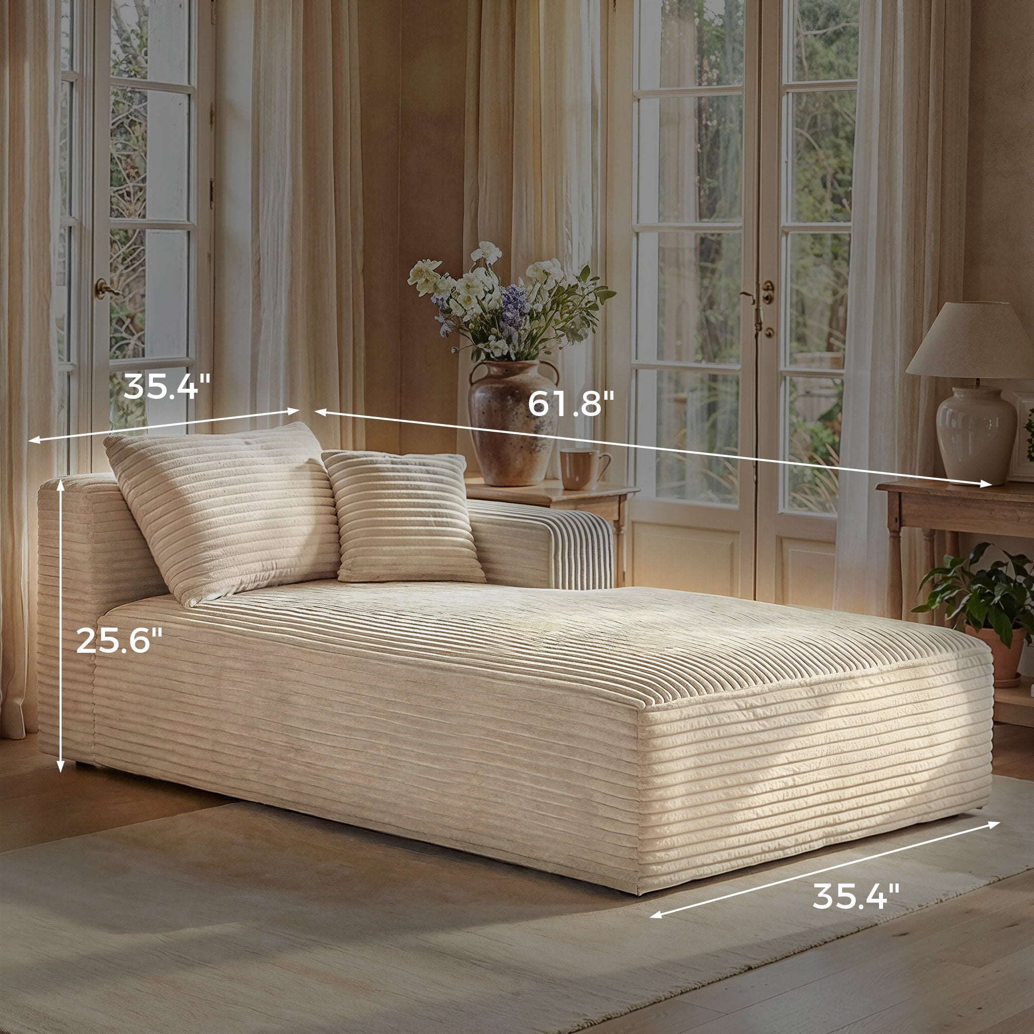 Upholstered Arm Sofa Chaise With Two Pillows