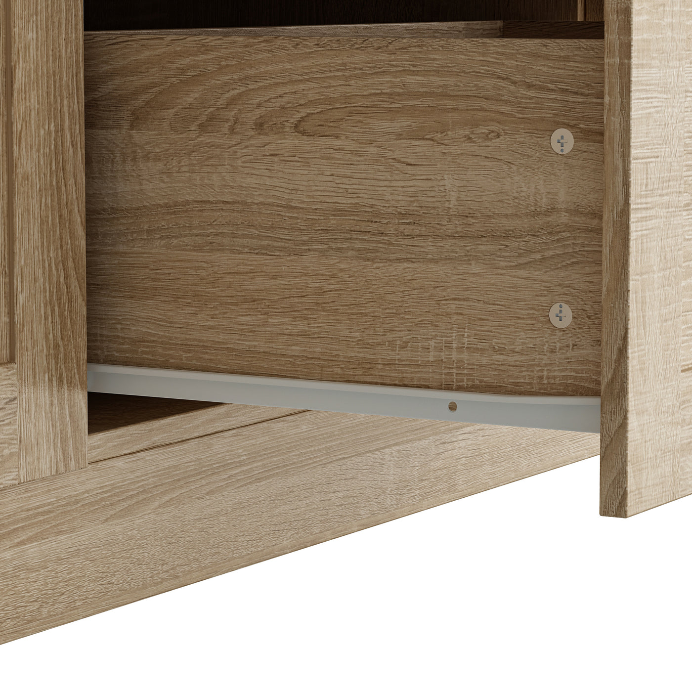 70.8" Oak Grain Engineered Wood Tall Food Pantry Cabinet with Upper Solid Doors, Middle Glass Display Doors & Multi-Drawer Storage Base