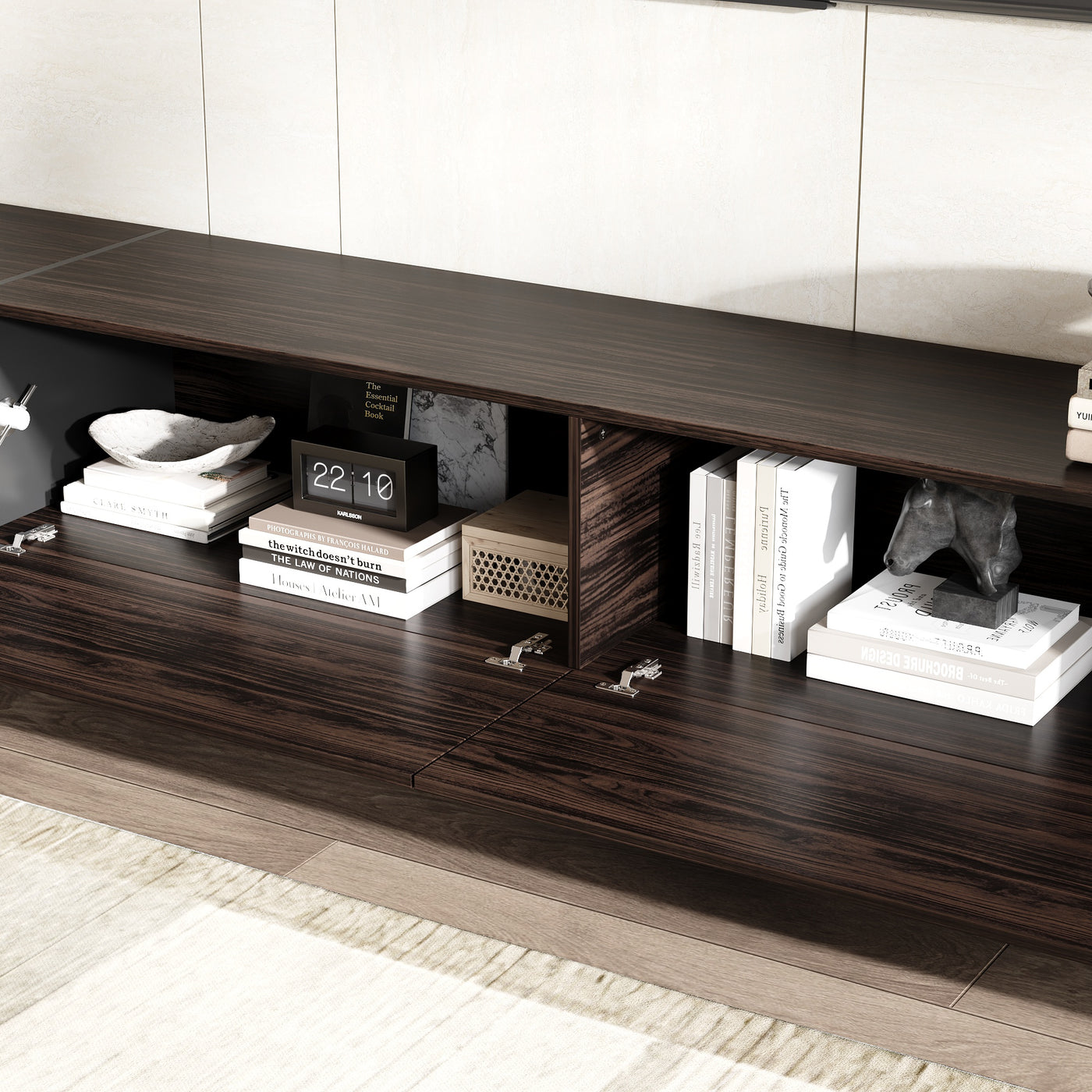 95.7" Modern Rustic Dark Brown Entertainment Center with 4 Pull-Down Doors