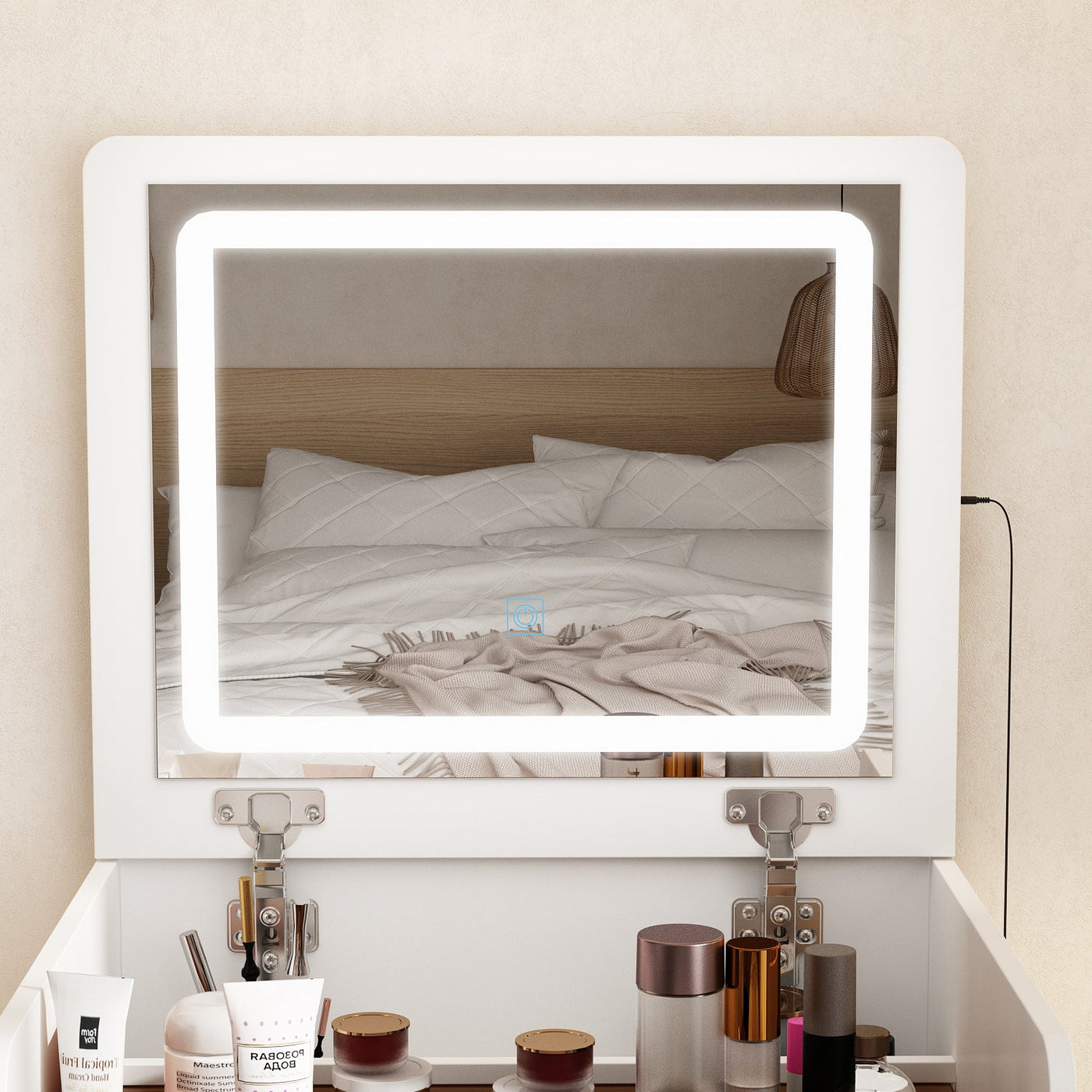 18.7" Modern White Makeup Vanity Desk with Lights and Flip Mirror