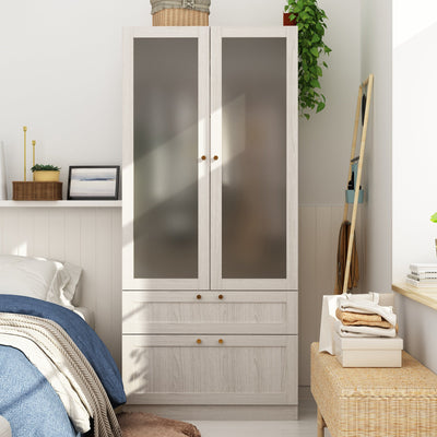 31.5" Modern White Wardrobe with Frosted Glass Doors and 2 Drawers