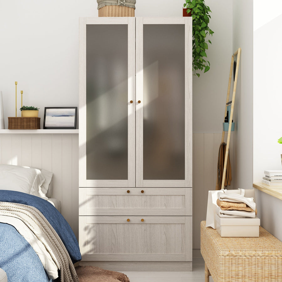 Skira 31.5" Modern White Wardrobe with Frosted Glass Doors and 2 Drawers
