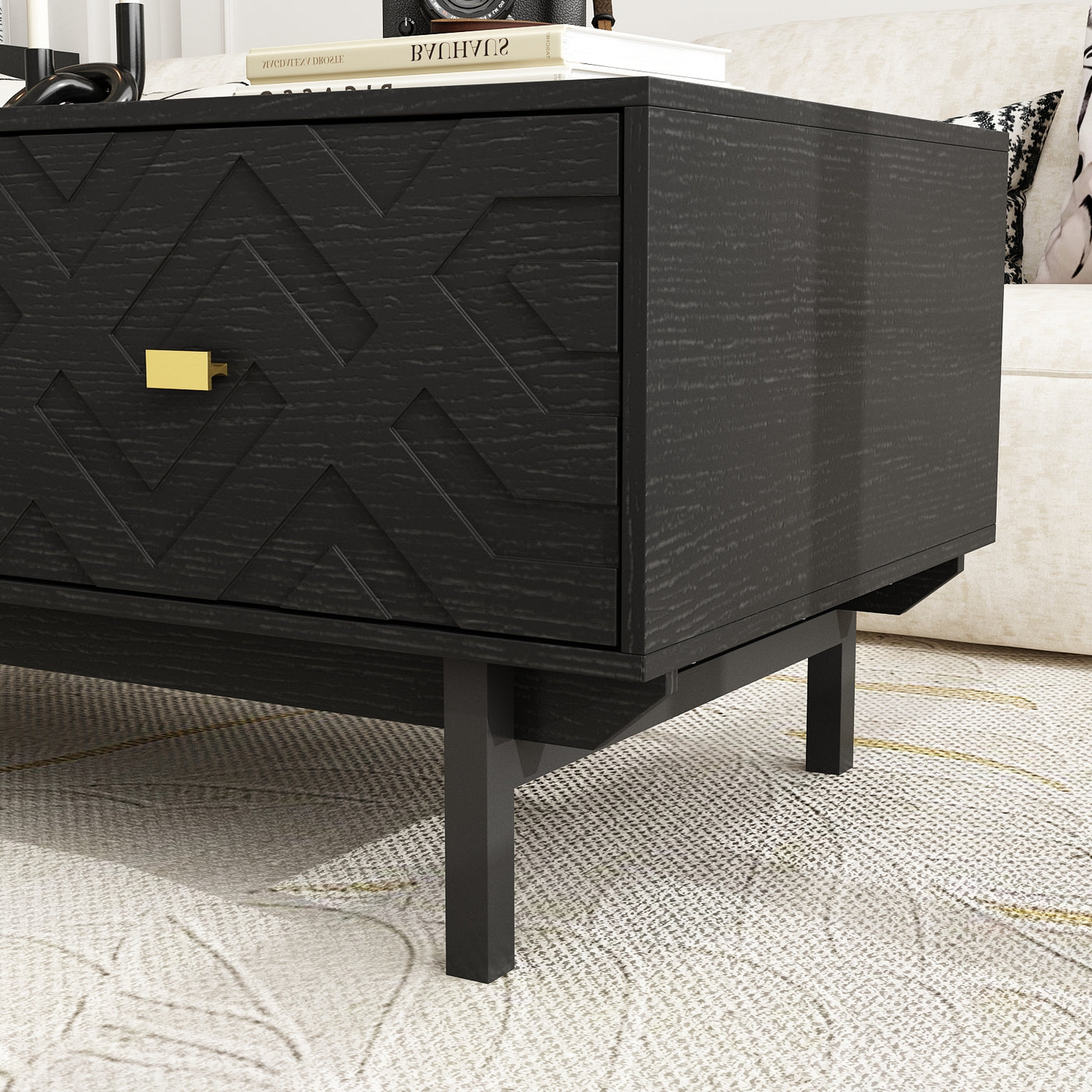 47.2" Modern Black Coffee Table with 4 Drawers