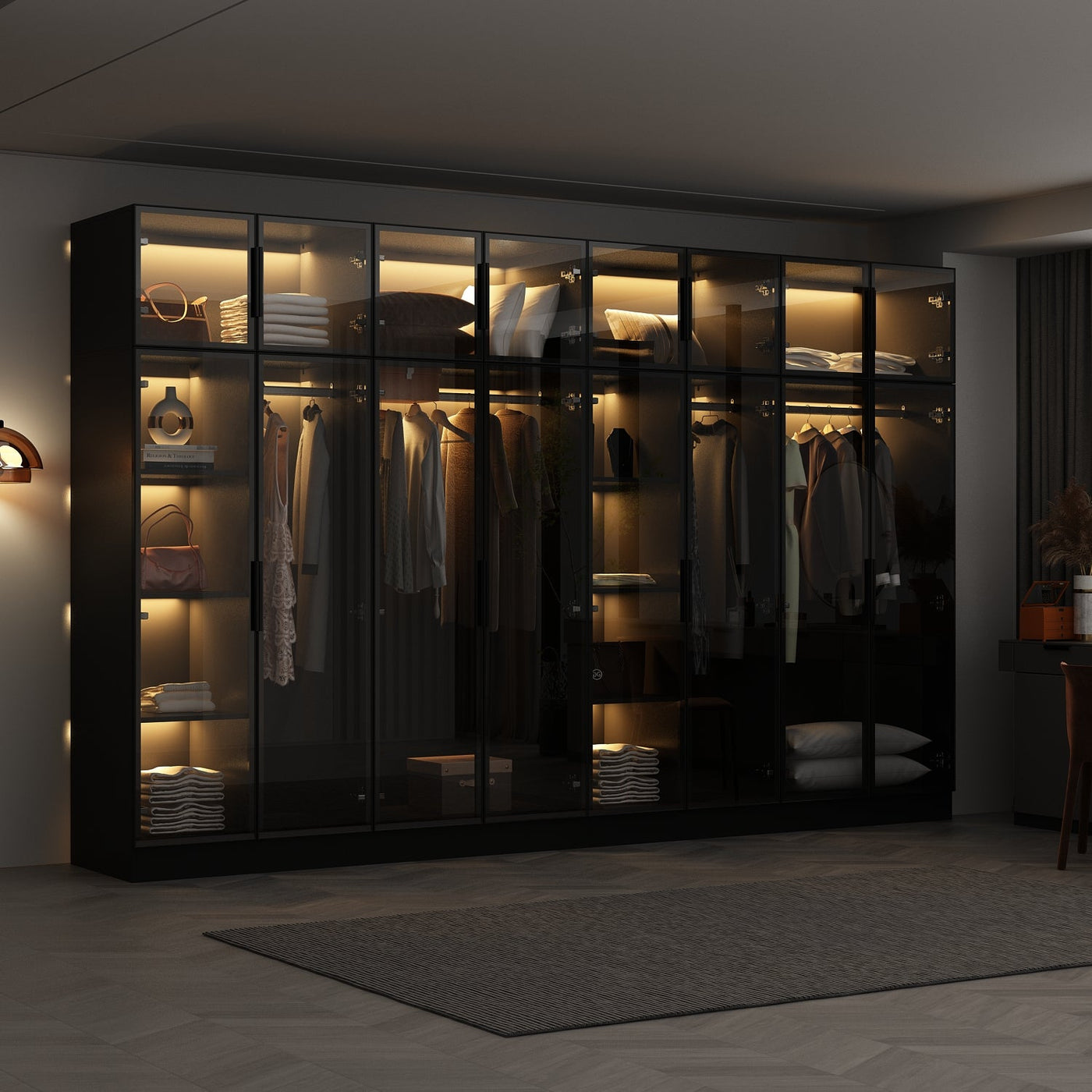 Modern wardrobe with clothes and shelves in a well-lit room