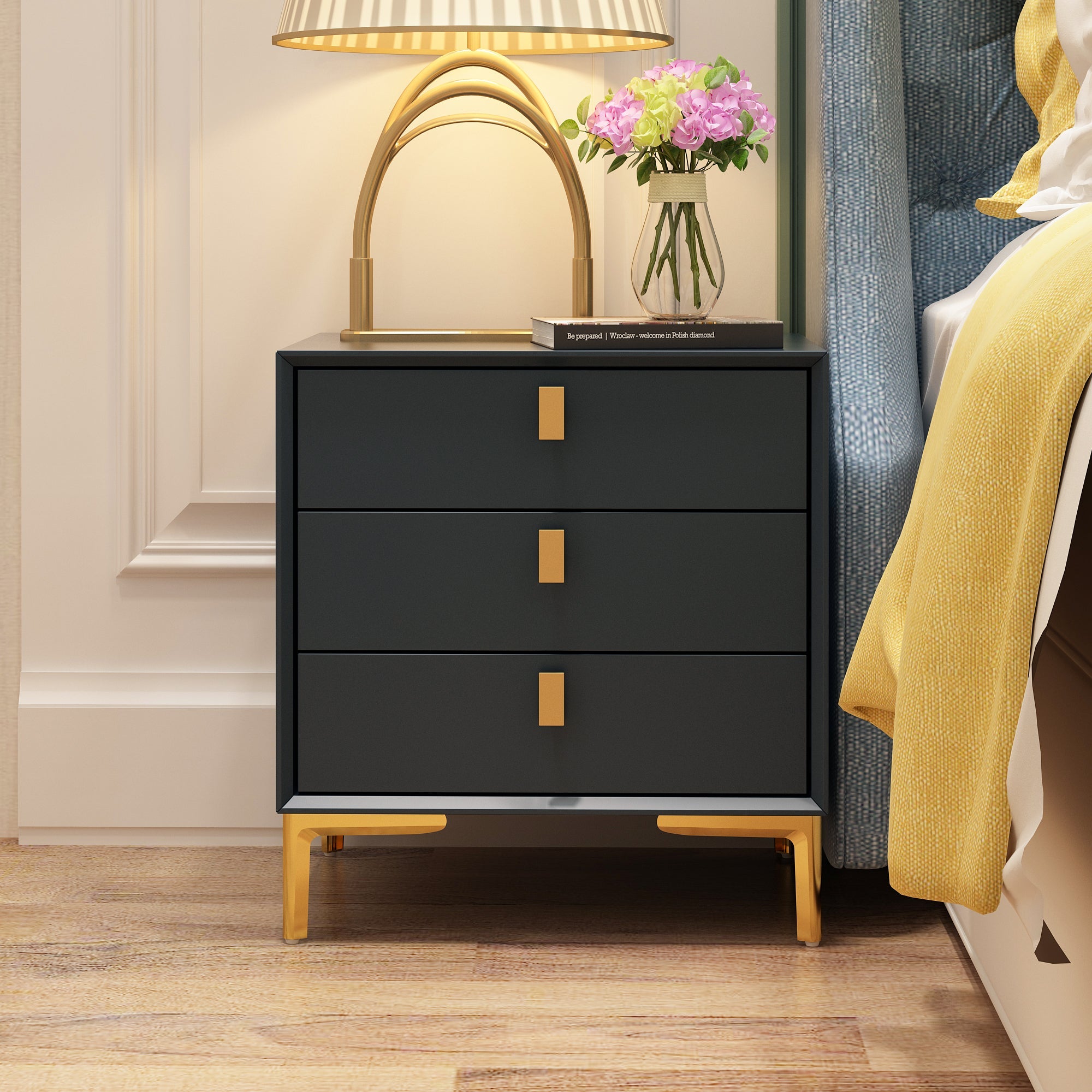 Nightstand Dresser Black End Table in Gold Metal Legs with 3 Drawers