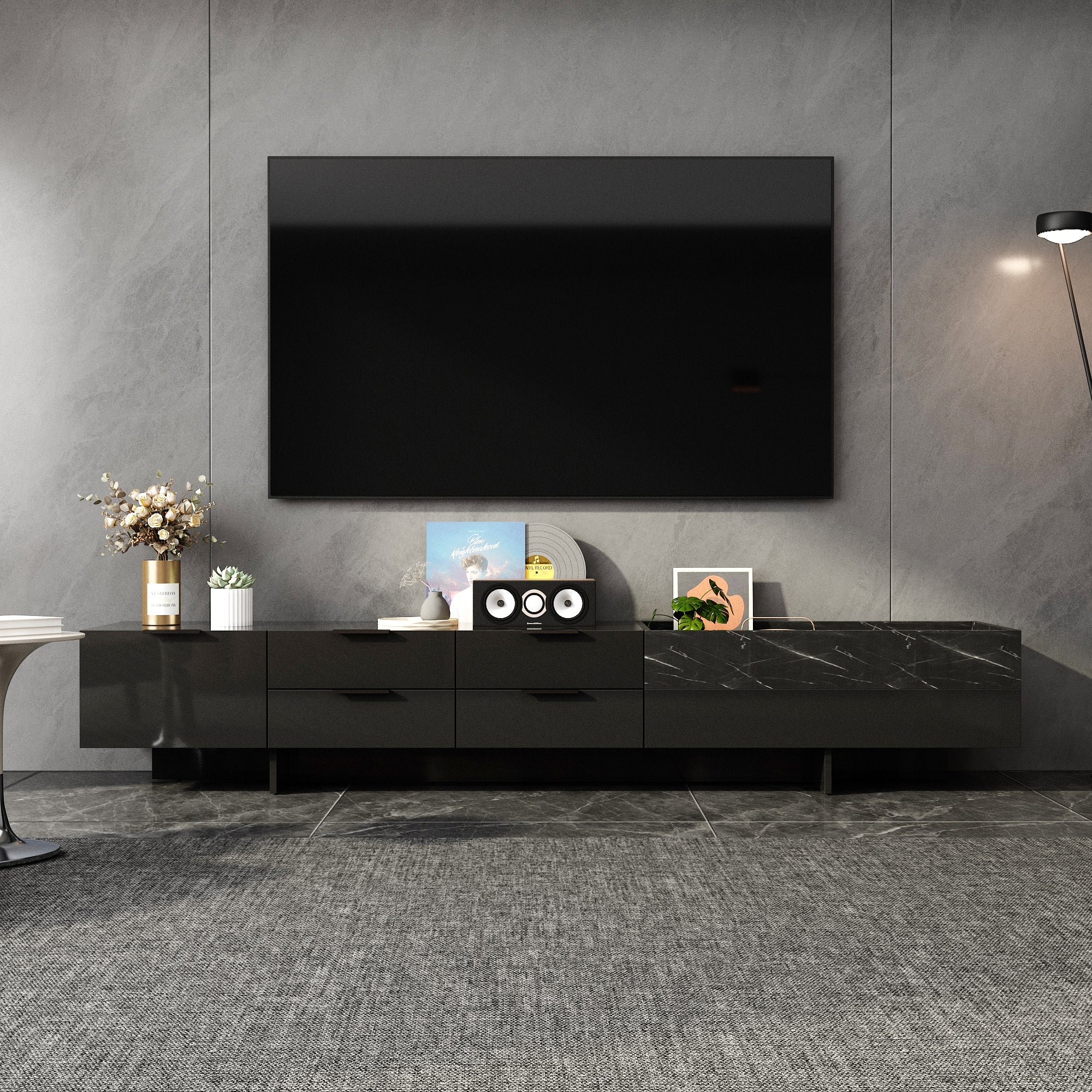 78.7'' W 5-Drawer High-Gloss Surface TV Stand Media Center With Stone Texture Design Groove Storage