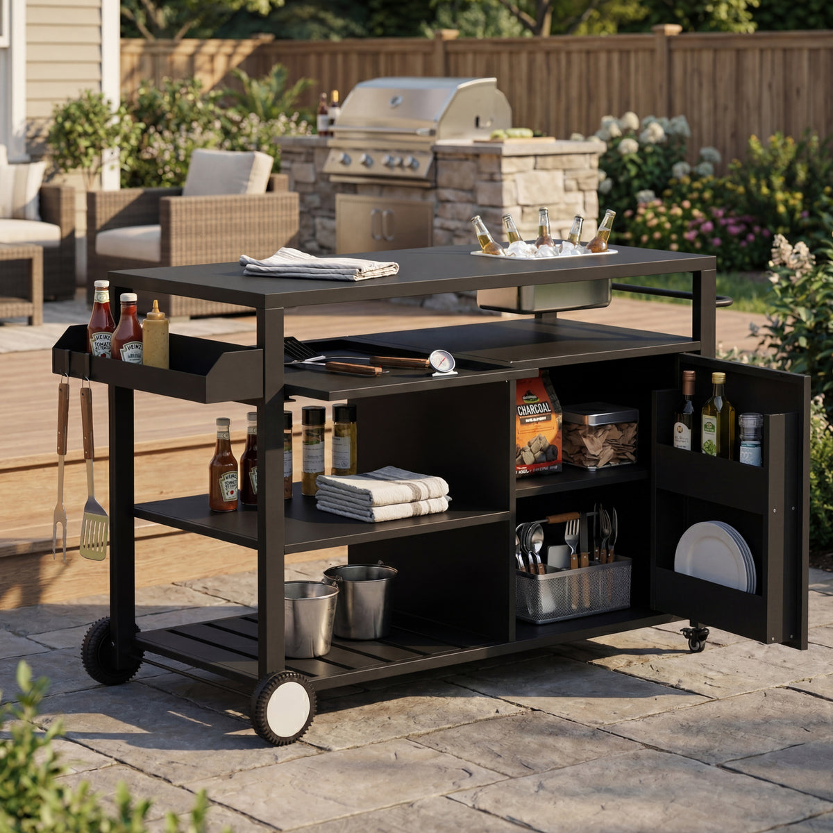 Black outdoor kitchen island cart with side shelf, storage cabinet, sink, and wheels