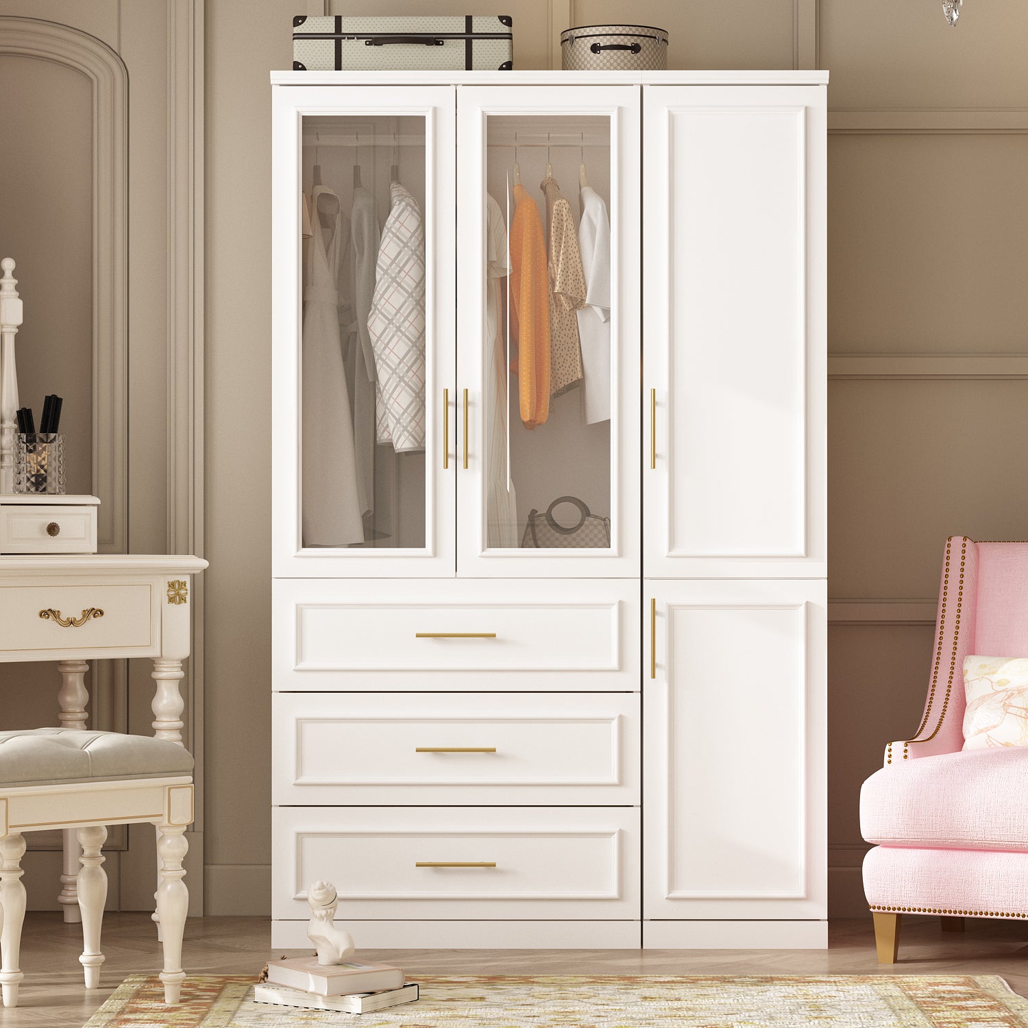 74.9"H Bedroom Armoire with Glass Doors, 3 Drawers & Hanging Rod for Organized Clothing Storage