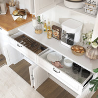 63" Modern White Kitchen Pantry Cabinet with 8 Doors, 2 Drawers & Large Central Worktop