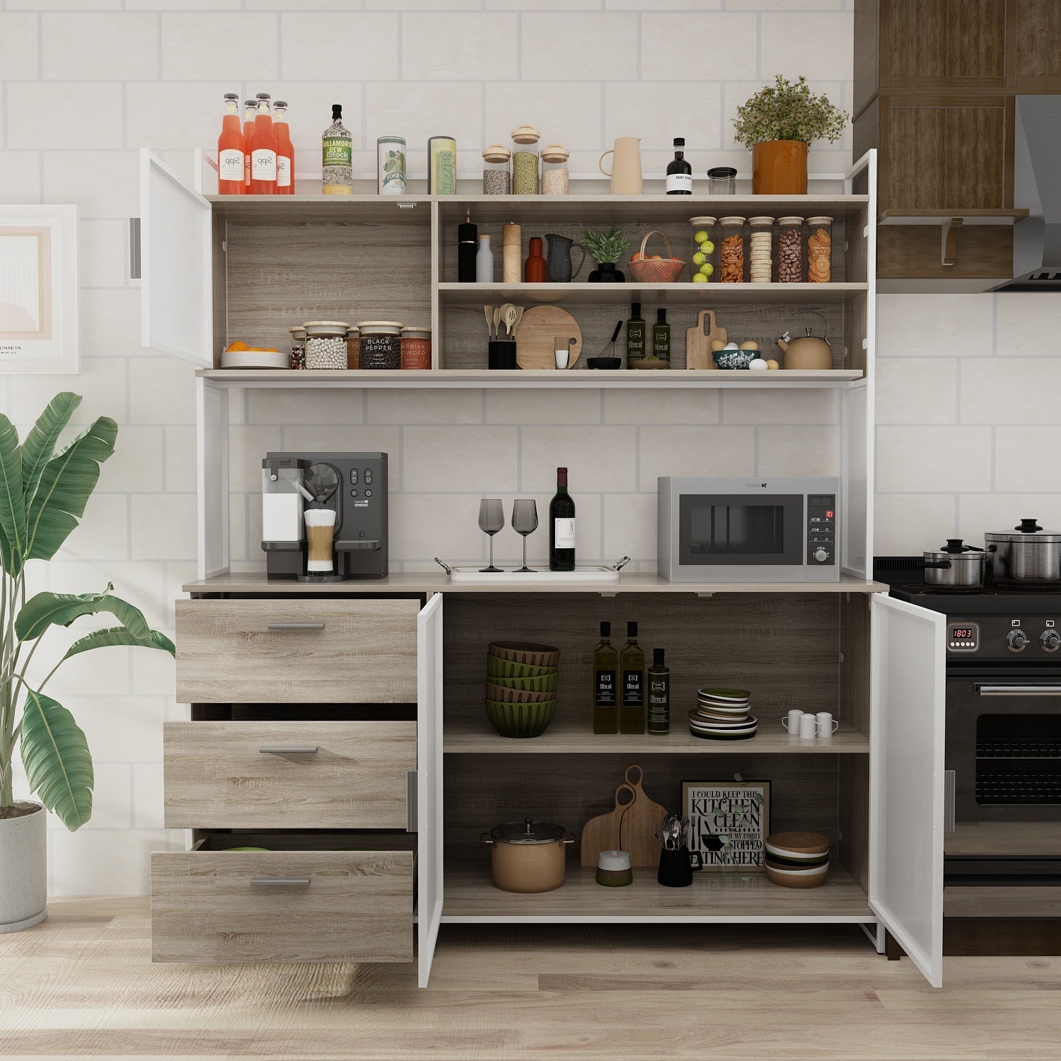 Large Kitchen Sideboard Display Cupboard with Drawers and Mesh Doors Wood Grain